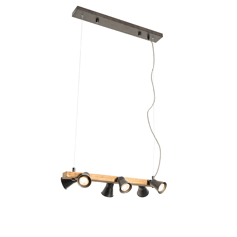 QAZQA Landelijke hanglamp met hout 6-lichts - Jelle - Zwart
