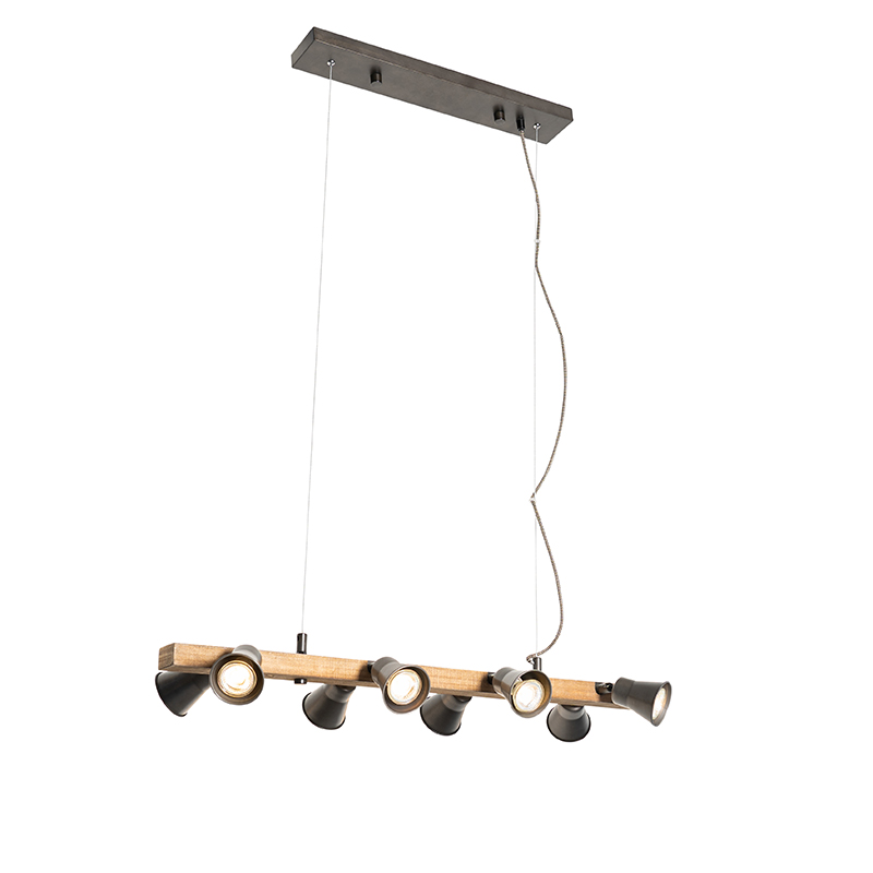 QAZQA Landelijke hanglamp met hout 8-lichts - Jelle - Zwart
