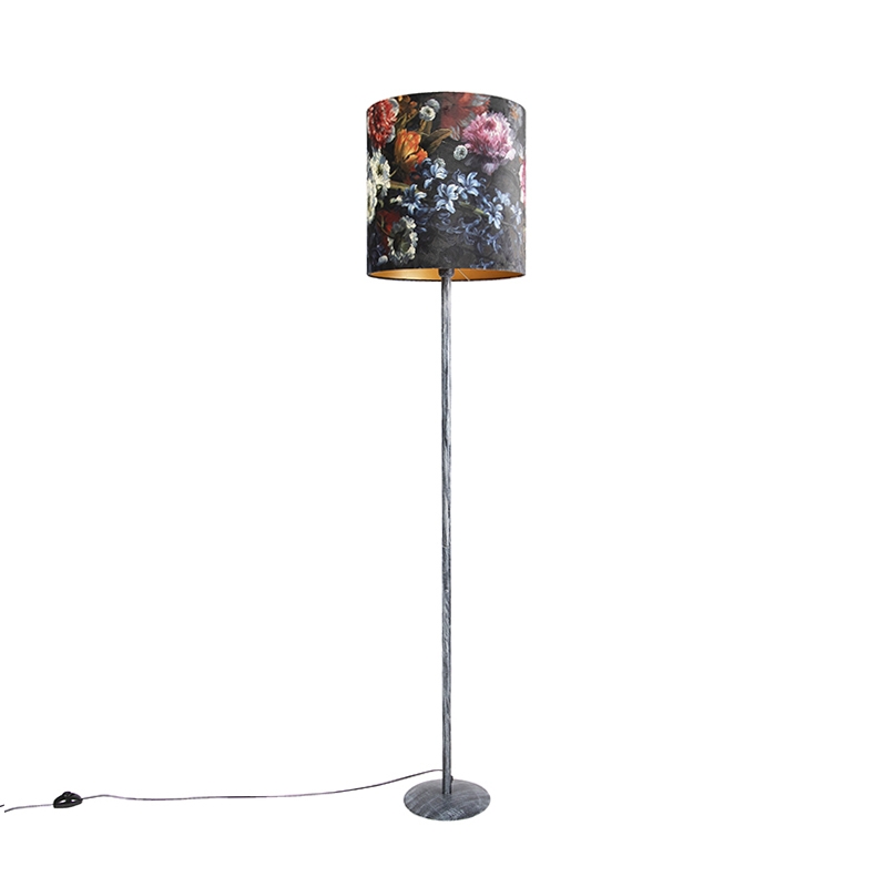 QAZQA Vintage vloerlamp antiek grijs kap bloemen dessin 40 cm - Simplo