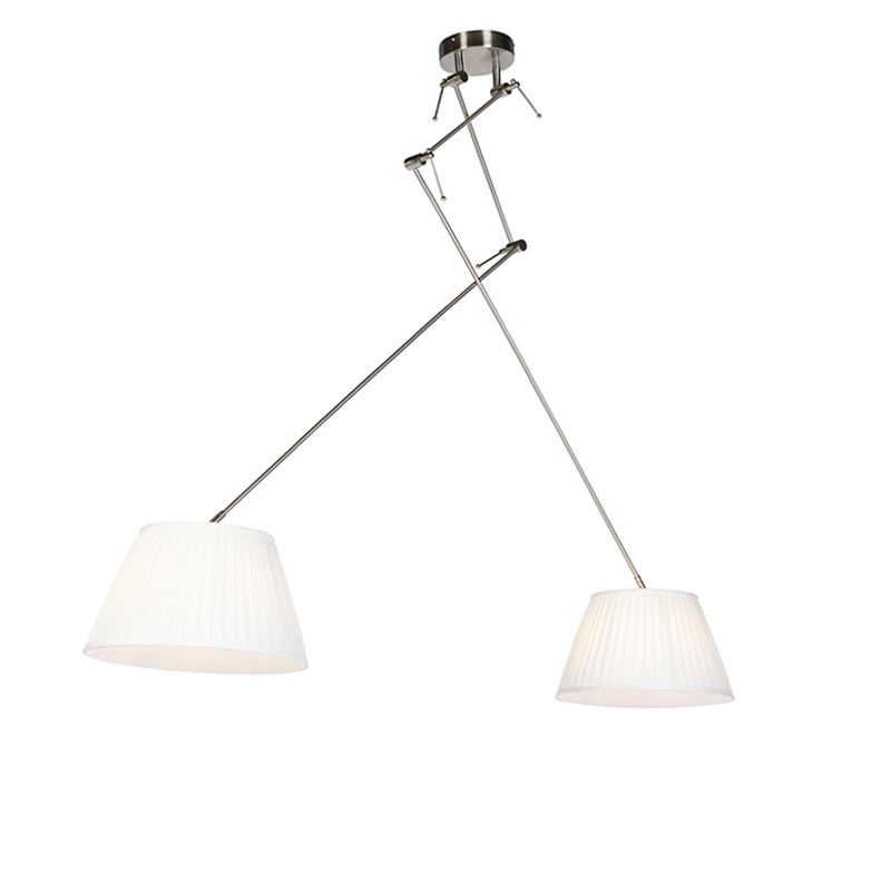 QAZQA Hanglamp staal met plisse kappen crème 35 cm 2-lichts - Blitz