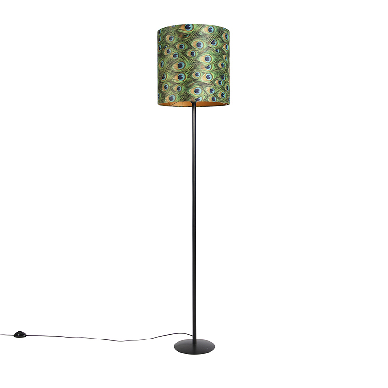 QAZQA Zwarte vloerlamp met velours kap pauw goud 40 cm - Simplo
