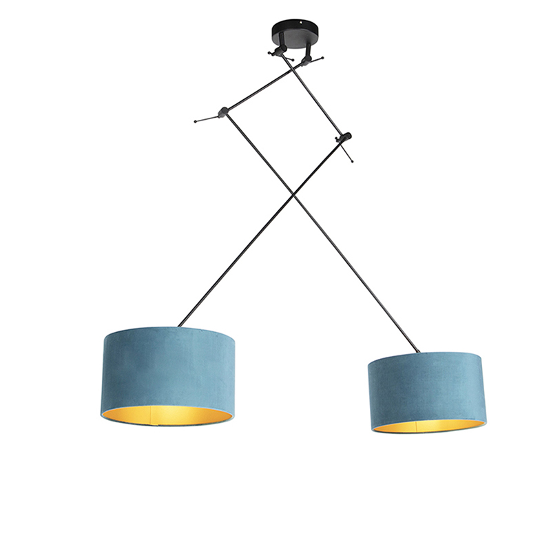 QAZQA Hanglamp zwart met velours kappen met goud 35 cm 2-lichts - Blitz - Blauw