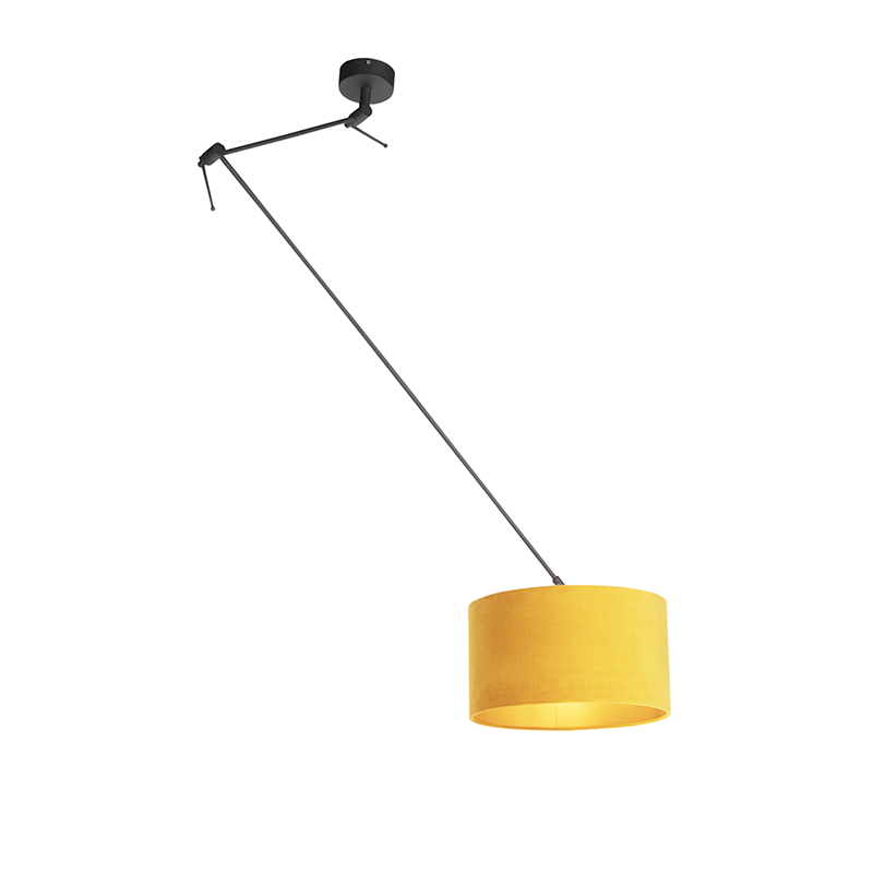 QAZQA Hanglamp zwart met velours kap oker met goud 35 cm - Blitz - Geel