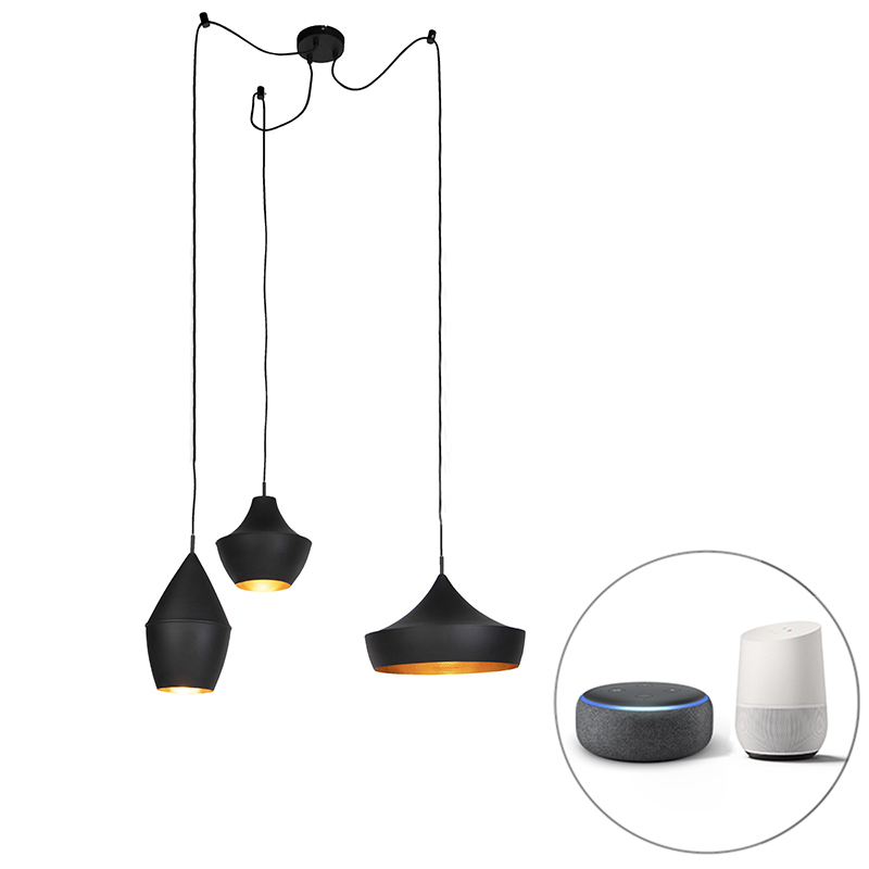 QAZQA Set van 3 smart hanglampen met goud incl. Wifi A60 - Depeche - Zwart