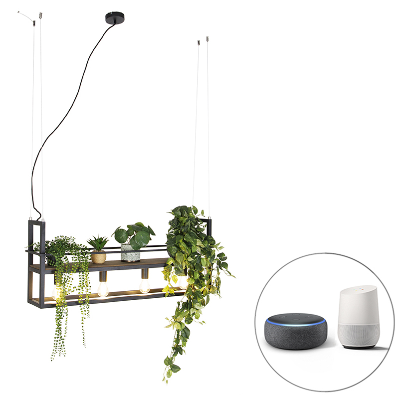 QAZQA Smart hanglamp zwart met hout en rek 4-lichts incl. Wifi A60 - Cage Rack - Bruin