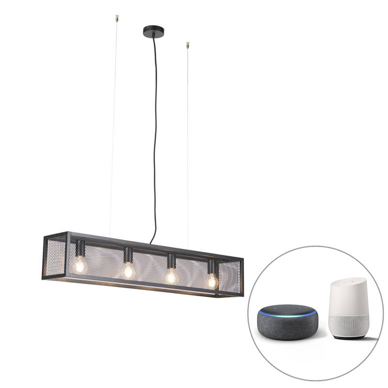 QAZQA Smart industriële hanglamp incl. 4 WiFi A60 - Cage Wire - Zwart