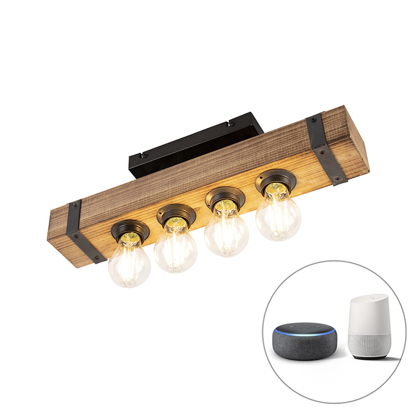 QAZQA Smart industriële plafondlamp hout met staal incl. 4 wifi A60 - Reena - Bruin