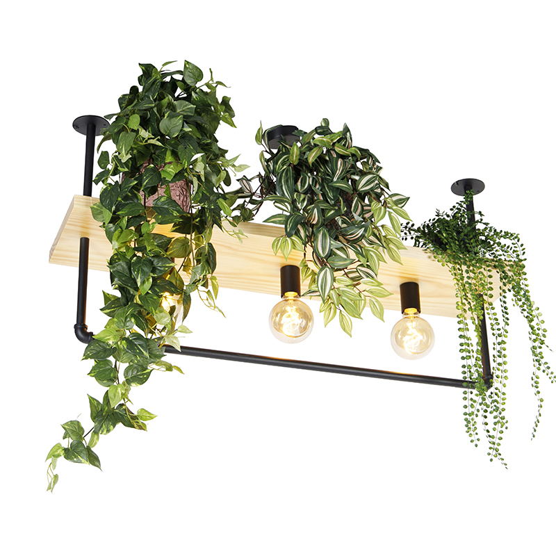 QAZQA Industriële plafondlamp met hout 3-lichts - Shelf - Zwart