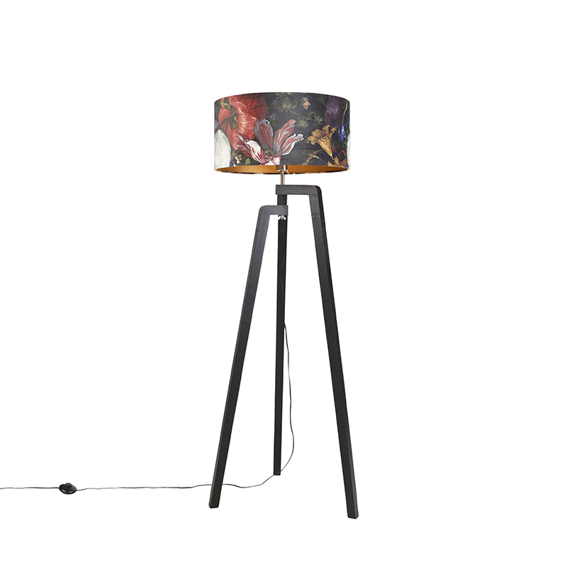 QAZQA Vloerlamp tripod zwart met kap bloemen dessin 50 cm - Puros