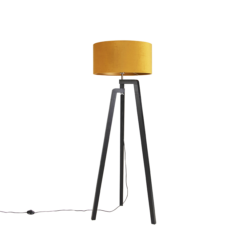 QAZQA Vloerlamp tripod zwart met gele kap en goud 50 cm - Puros - Geel