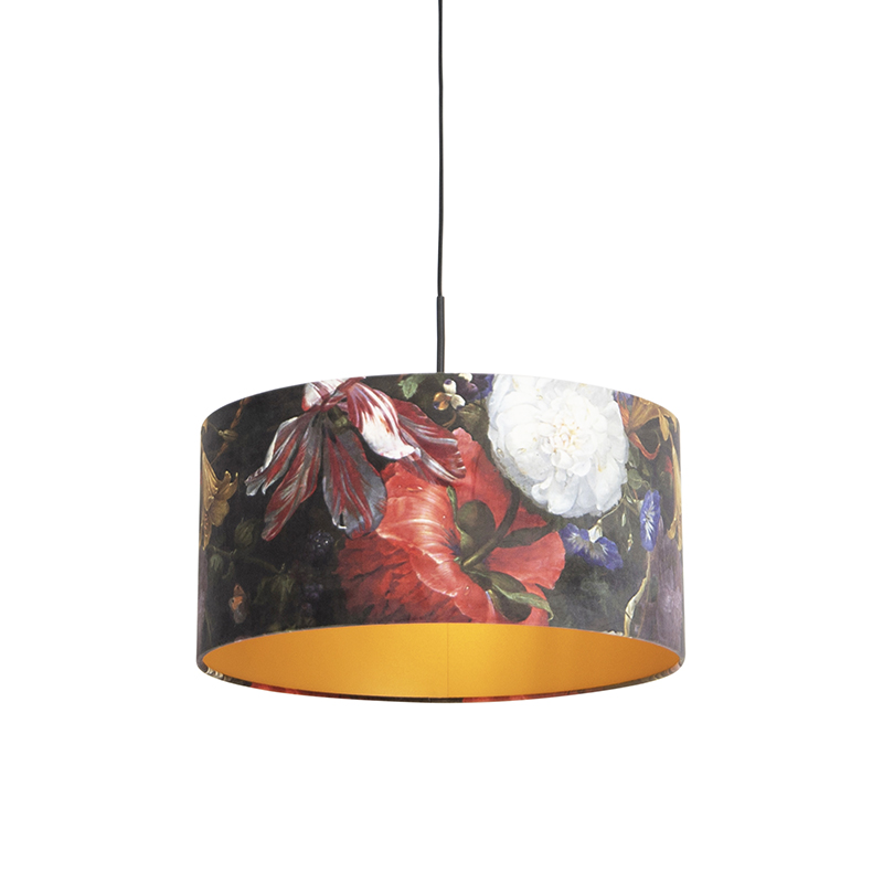 QAZQA Hanglamp met velours kap bloemen met goud 50 cm - Combi