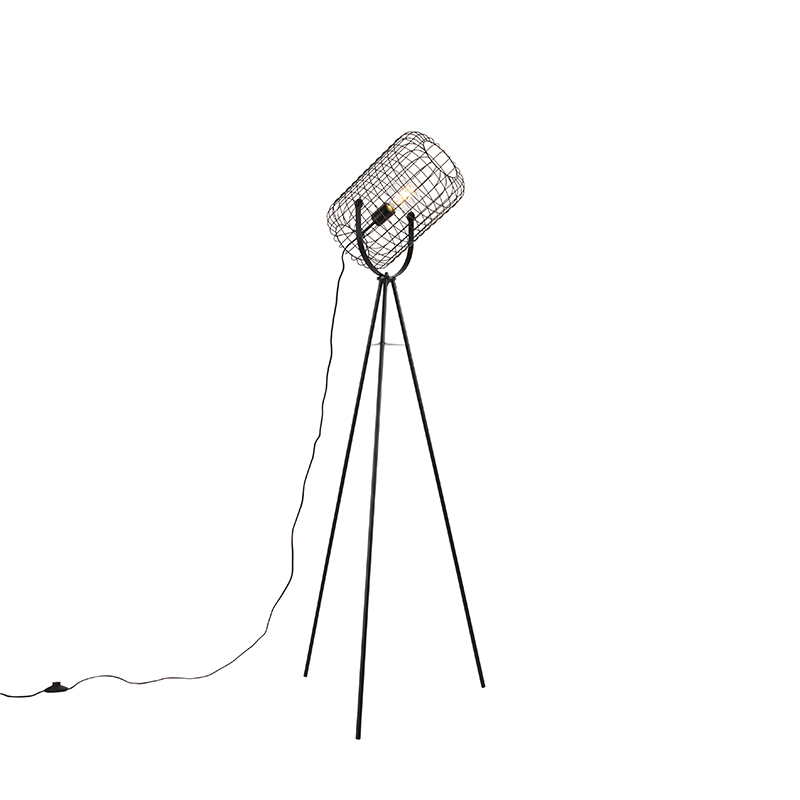 QAZQA Industriële vloerlamp tripod staal - Bliss Vefa - Zwart