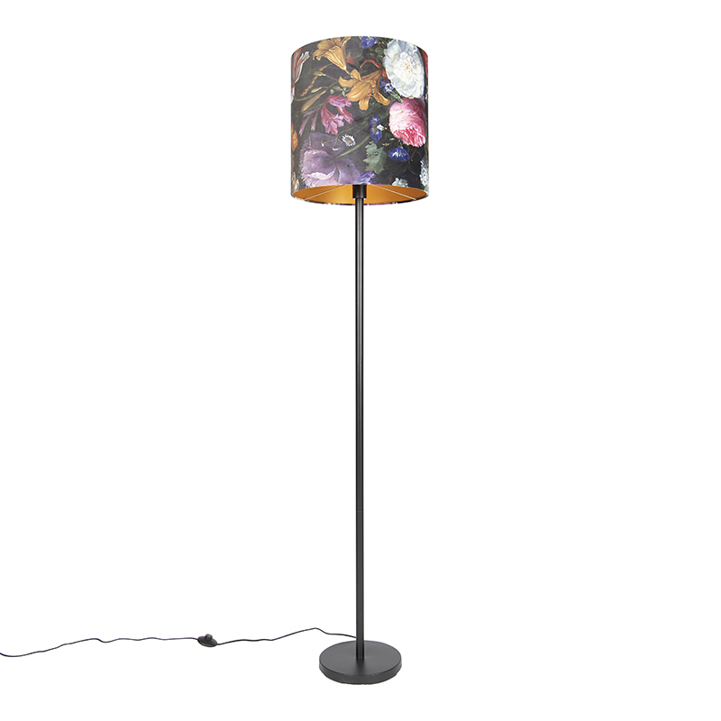 QAZQA Romantische vloerlamp zwart met bloemen kap 40 cm - Simplo