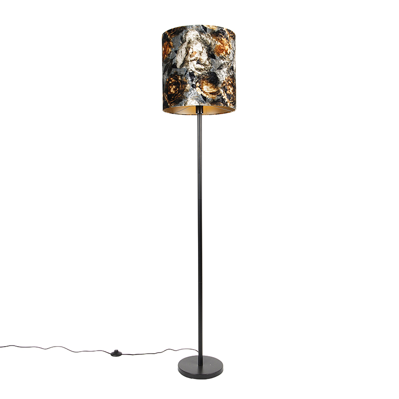QAZQA Klassieke vloerlamp zwart stoffen kap bloemen 40 cm - Simplo