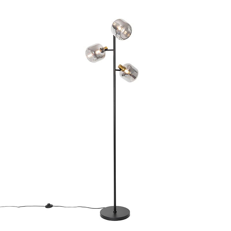 QAZQA Vloerlamp zwart met goud met smoke glas 3-lichts - Zuzanna - Grijs