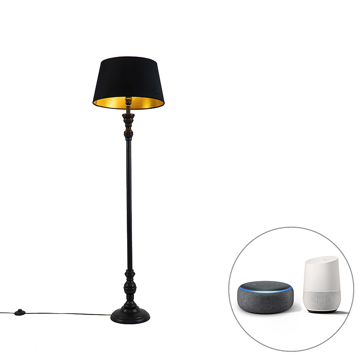 QAZQA Smart vloerlamp met kap met goud 45 cm incl. Wifi A60 - Classico - Zwart