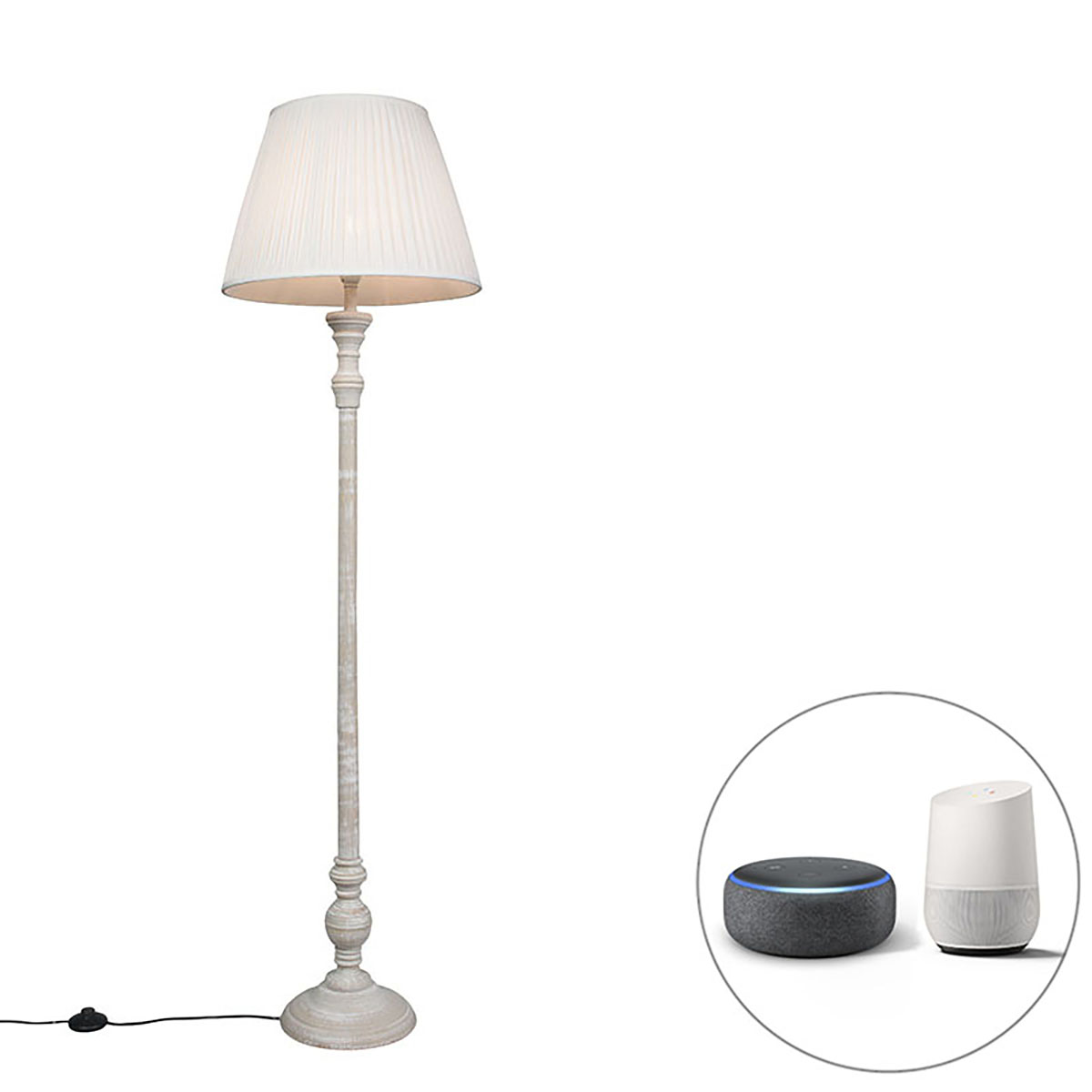 QAZQA Smart vloerlamp grijs met plissé kap wit incl. Wifi A60 - Classico