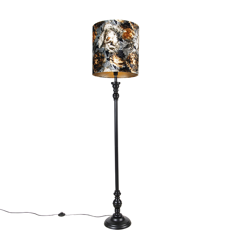 QAZQA Vloerlamp zwart met kap bloemen 40 cm - Classico