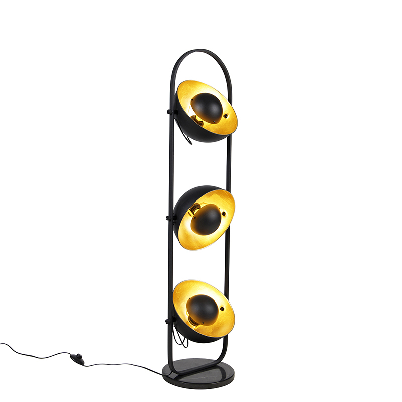 QAZQA Industriële vloerlamp met goud 3-lichts - Magnax - Zwart