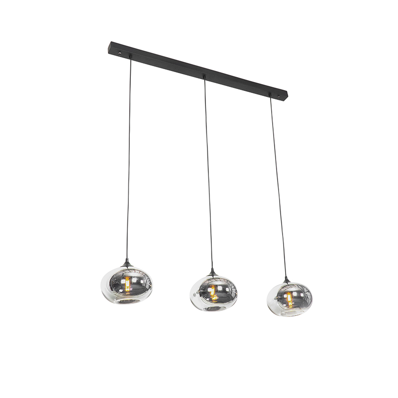 QAZQA Art Deco hanglamp met glas smoke langwerpig 3-lichts - Busa - Zwart