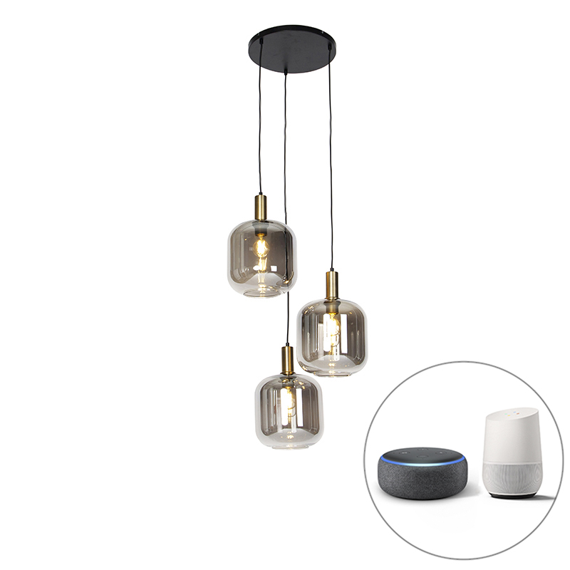 QAZQA Smart hanglamp zwart met smoke glas 3-lichts incl. Wifi A60 - Zuzanna