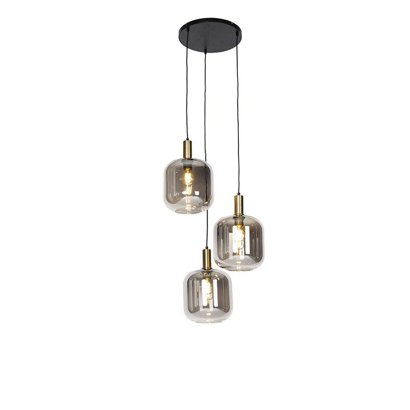 QAZQA Design hanglamp zwart met goud en smoke glas 3-lichts - Zuzanna - Grijs