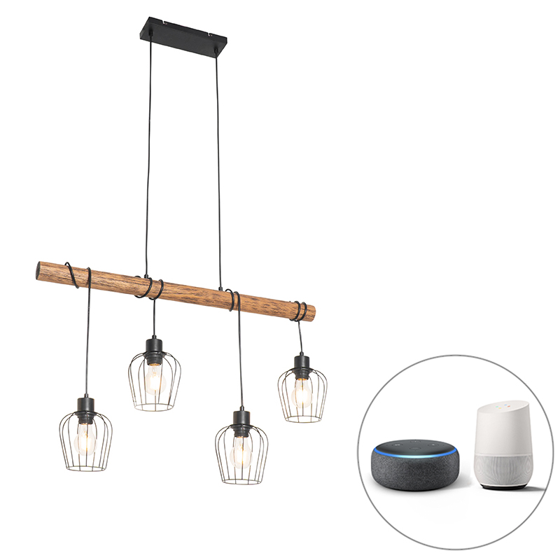 QAZQA Smart hanglamp met hout incl. 4 Wifi A60 - Stronk - Zwart