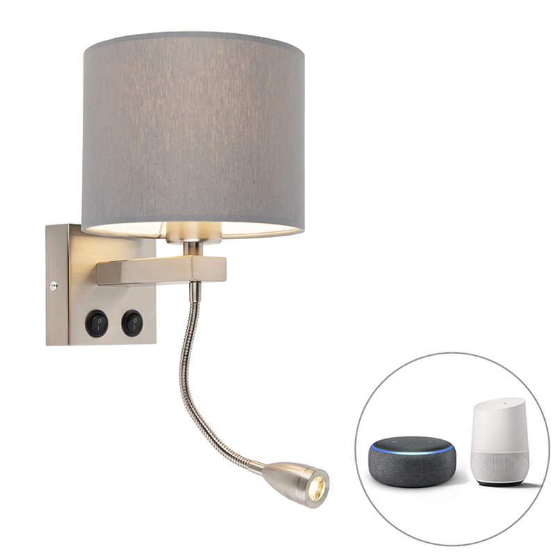 QAZQA Smart wandlamp staal met grijze kap incl. Wifi A60 - Brescia - Grijs