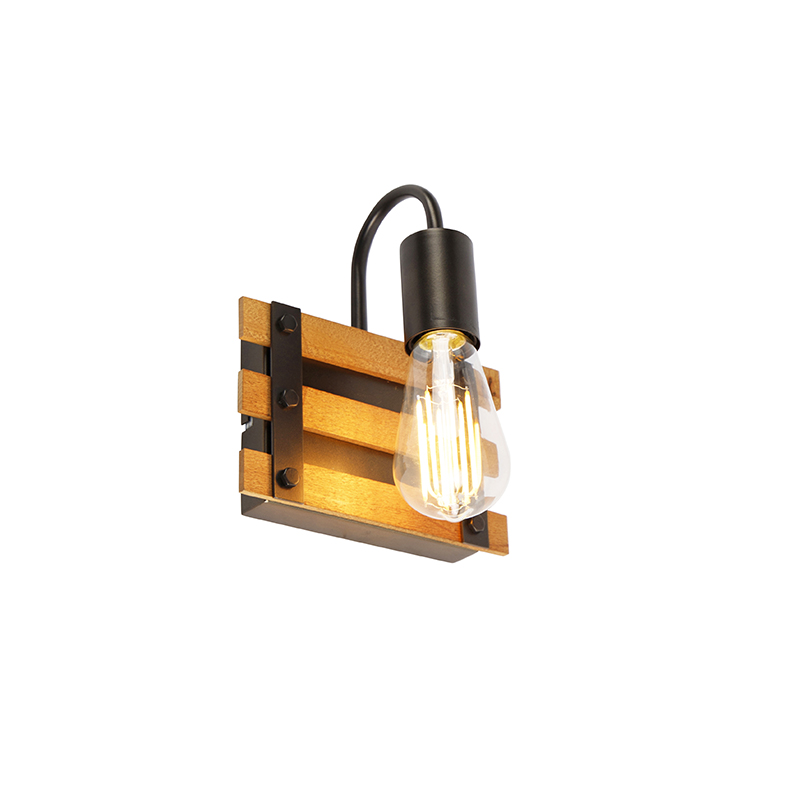 QAZQA Industriële wandlamp zwart met hout - Paleta Mai - Bruin