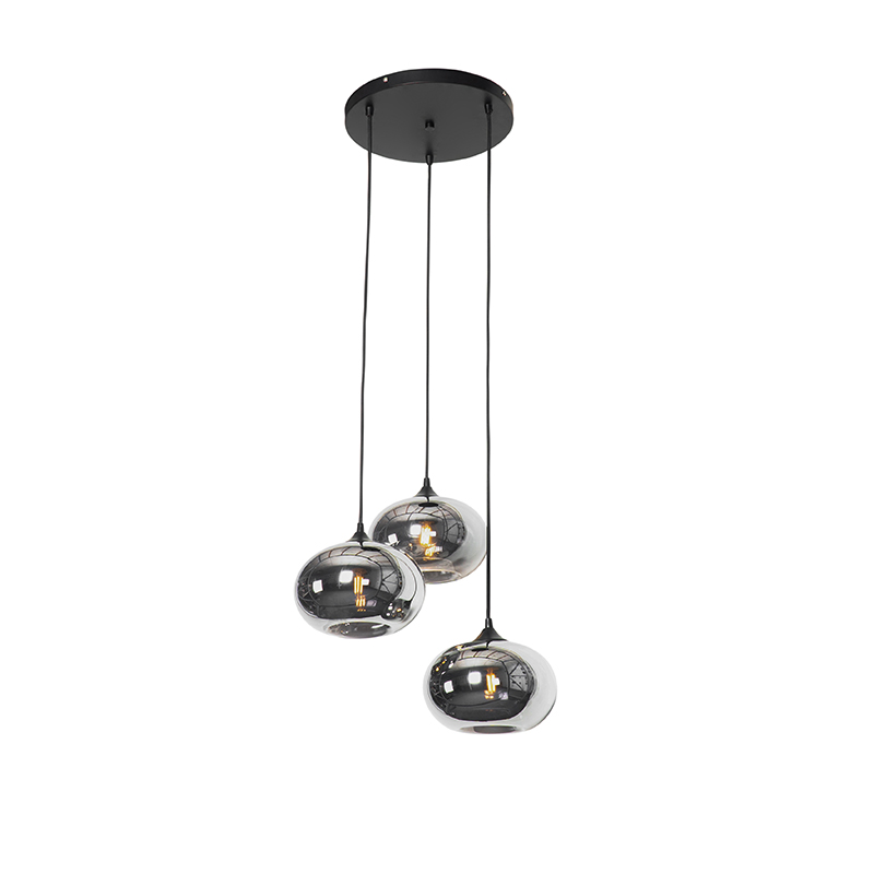 QAZQA Art Deco hanglamp met smoke glas rond 3-lichts- Busa - Zwart