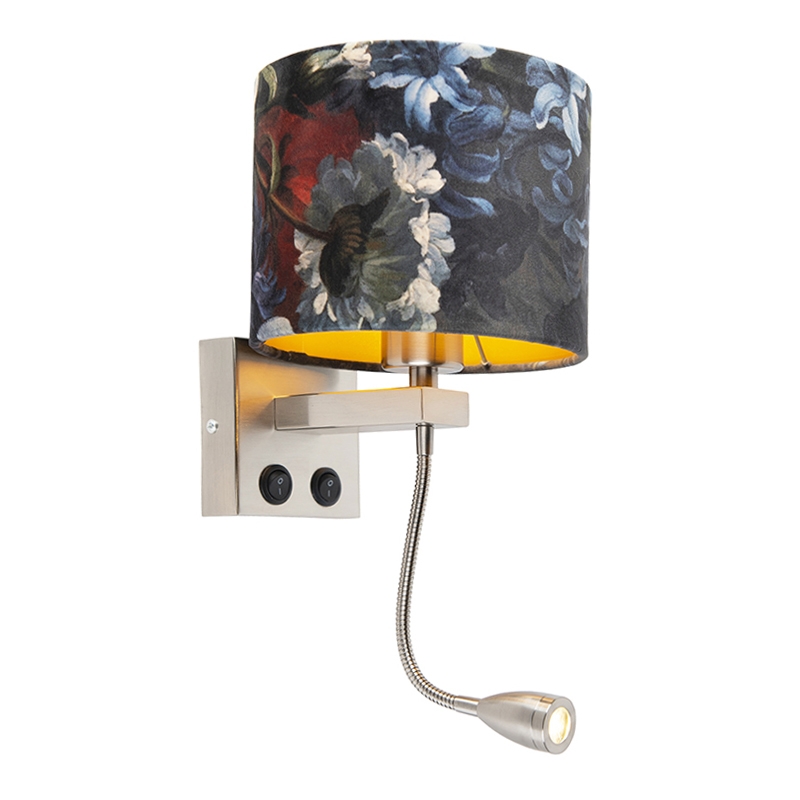 QAZQA Wandlamp staal met velours kap bloemen met goud - Brescia - Blauw