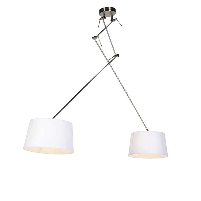 QAZQA Hanglamp zwart met linnen kappen wit 35 cm 2-lichts - Blitz