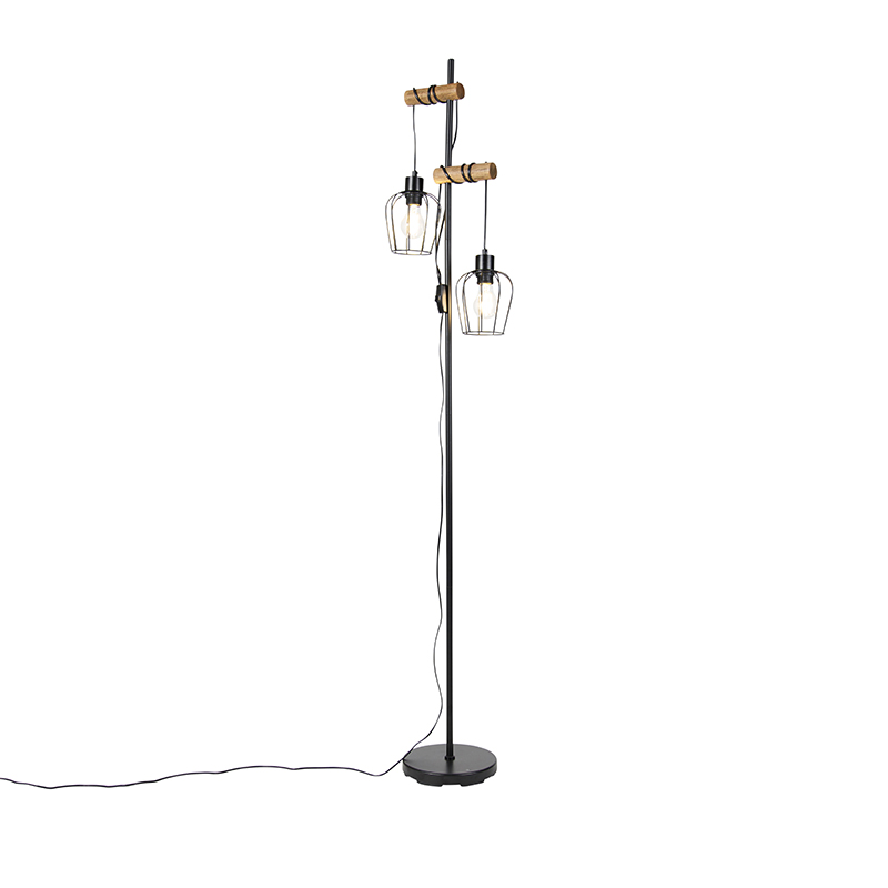 QAZQA Landelijke vloerlamp met hout 2-lichts - Stronk - Zwart