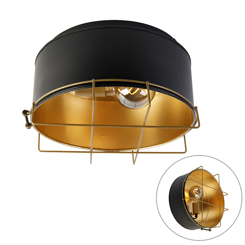 QAZQA Industriële plafondlamp met goud 35 cm - Barril - Zwart