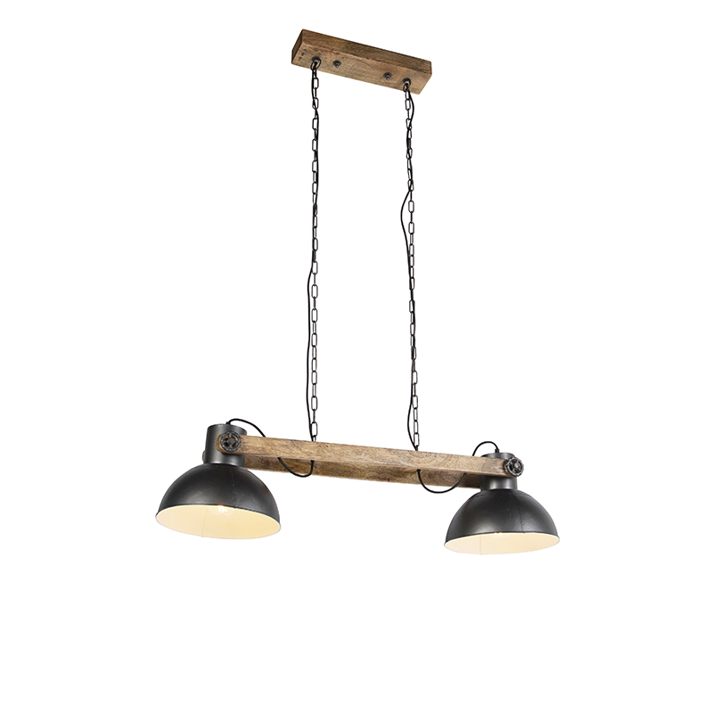 QAZQA Industriële hanglamp donkergrijs met mango hout 2-lichts - Mangoes
