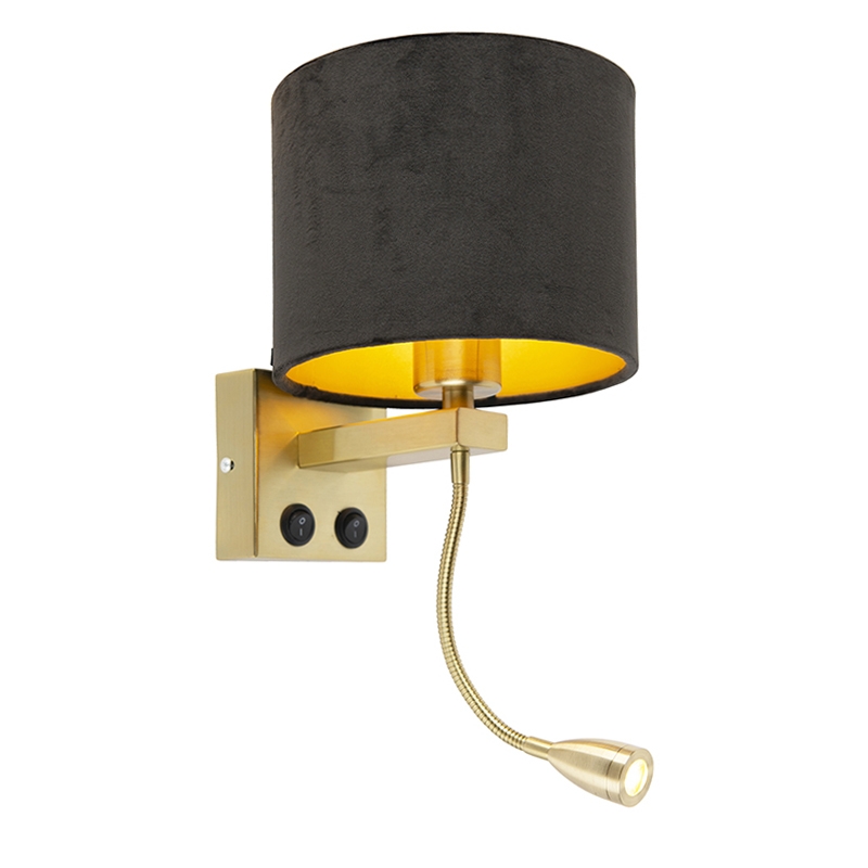 QAZQA Moderne wandlamp messing met kap velours - Brescia - Zwart