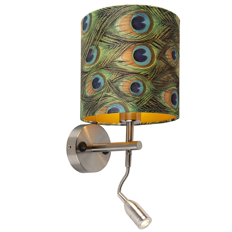 QAZQA Moderne wandlamp staal met leeslamp en kap velours 20/20/20 pauw - goud - Groen