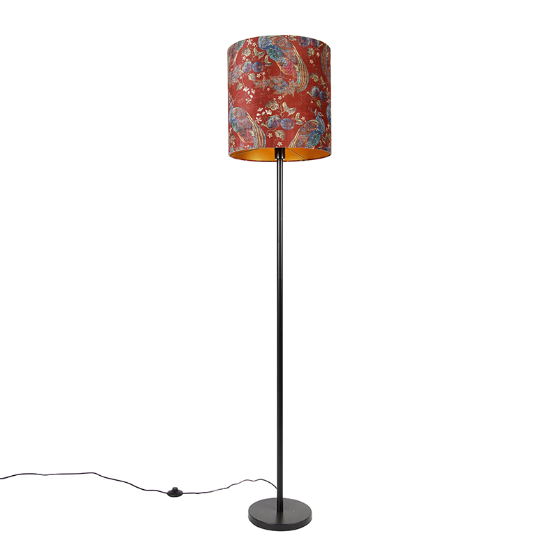 QAZQA Vloerlamp zwart kap pauw dessin rood 40 cm - Simplo