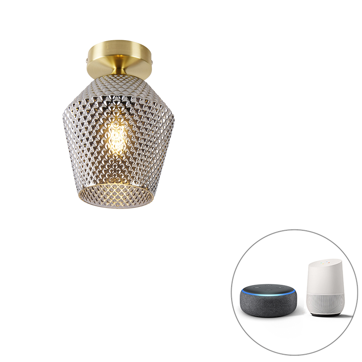 QAZQA Smart plafondlamp messing met smoke glas incl. Wifi A60 - Karce