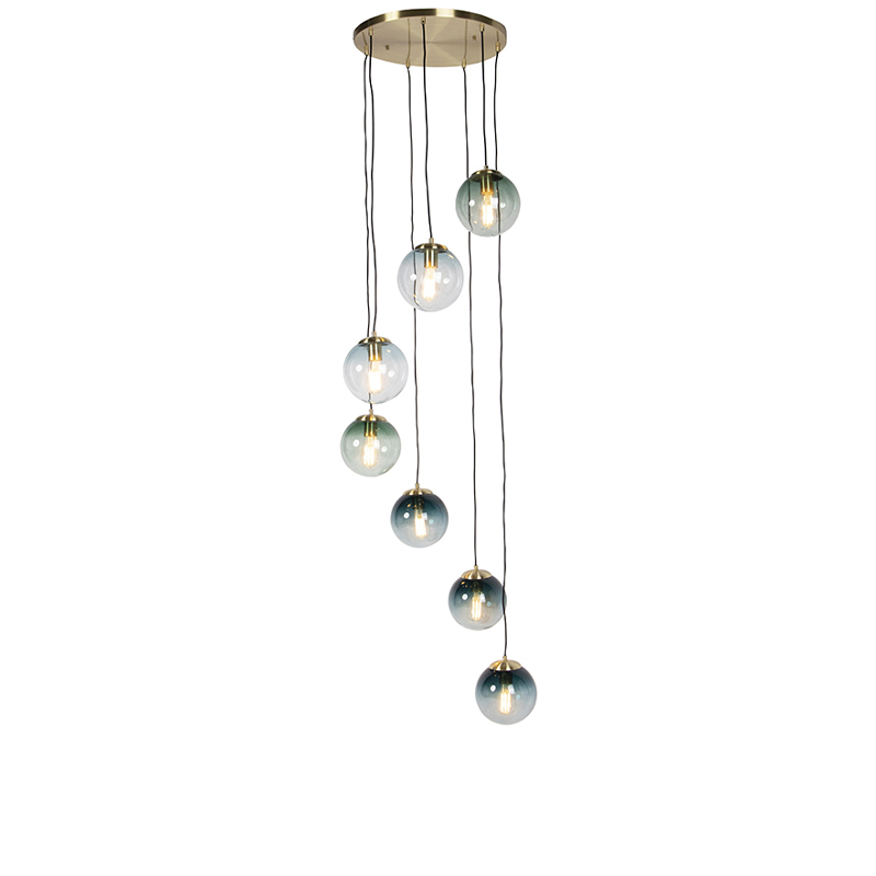 QAZQA Art deco hanglamp messing met blauw glas 7-lichts - Pallon
