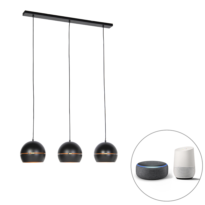 QAZQA Smart hanglamp met gouden binnenkant 3-lichts incl. Wifi ST64 - Buell - Zwart