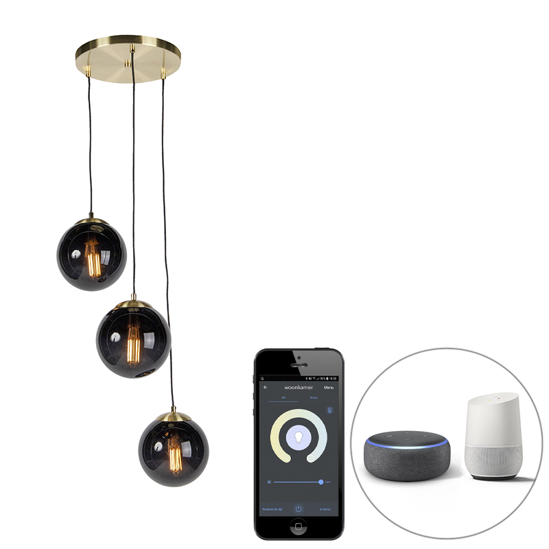 QAZQA Smart hanglamp messing mete glas 3-lichts incl. Wifi ST64 - Pallon - Zwart