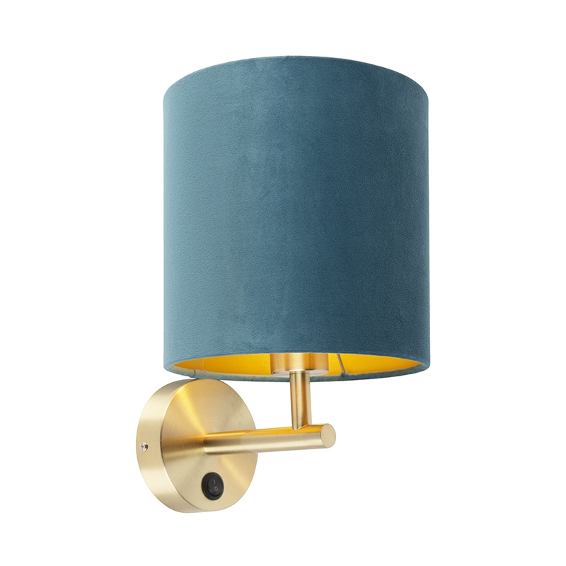 QAZQA Strakke wandlamp goud mete velours kap - Matt - Blauw