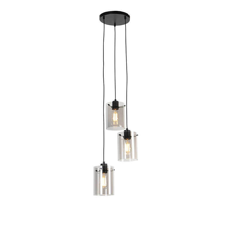 QAZQA Design hanglamp met smoke glas 3-lichts - Dome - Zwart