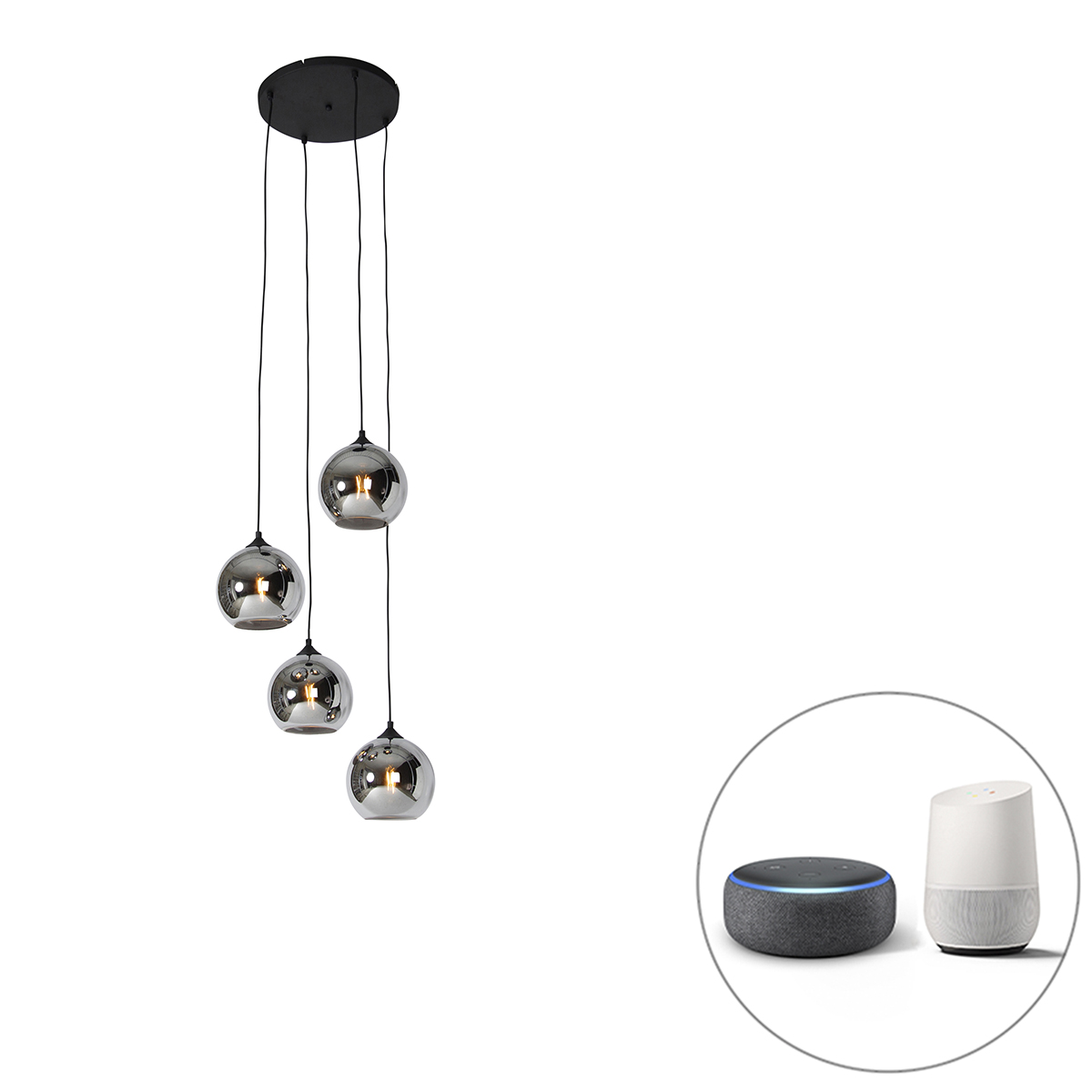 QAZQA Smart hanglamp zwart met smoke glas incl. 4 Wifi A60 - Wallace - Grijs