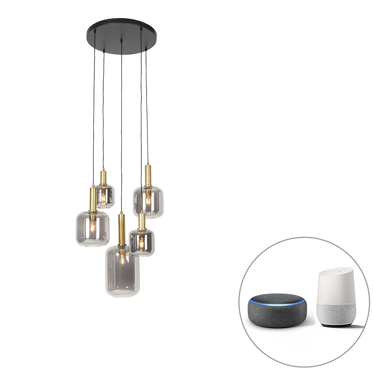 QAZQA Smart hanglamp zwart met goud met smoke glas incl. 5 Wifi A60 - Zuzanna - Grijs