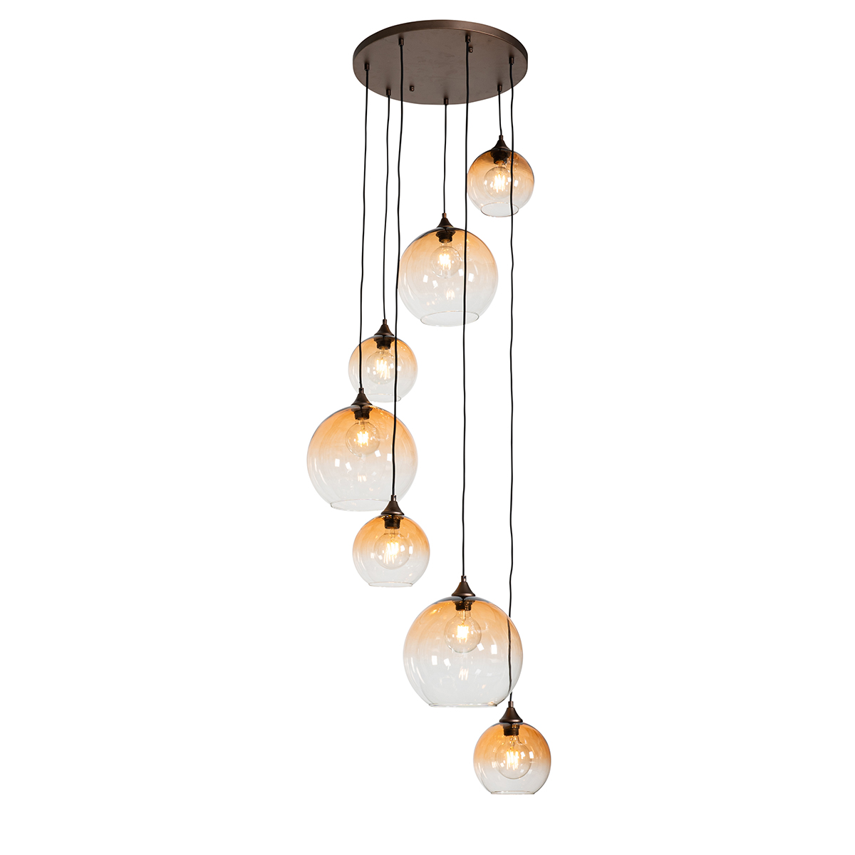 QAZQA Hanglamp brons met amber glas rond 7-lichts - Sandra