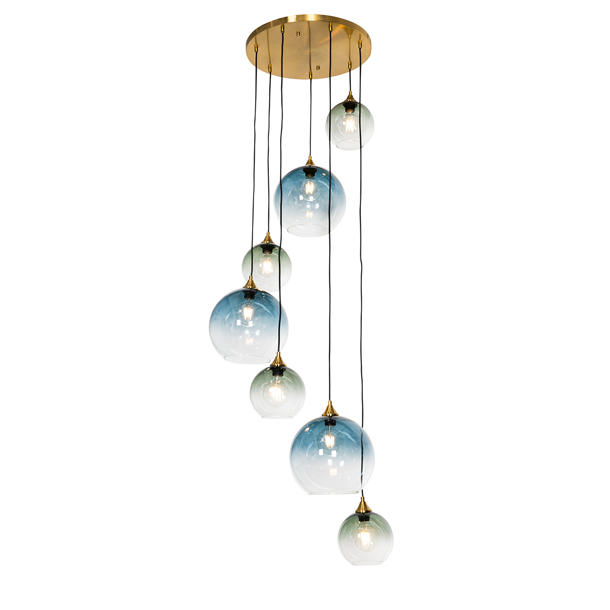 QAZQA Hanglamp messing met blauw glas rond 7-lichts - Sandra