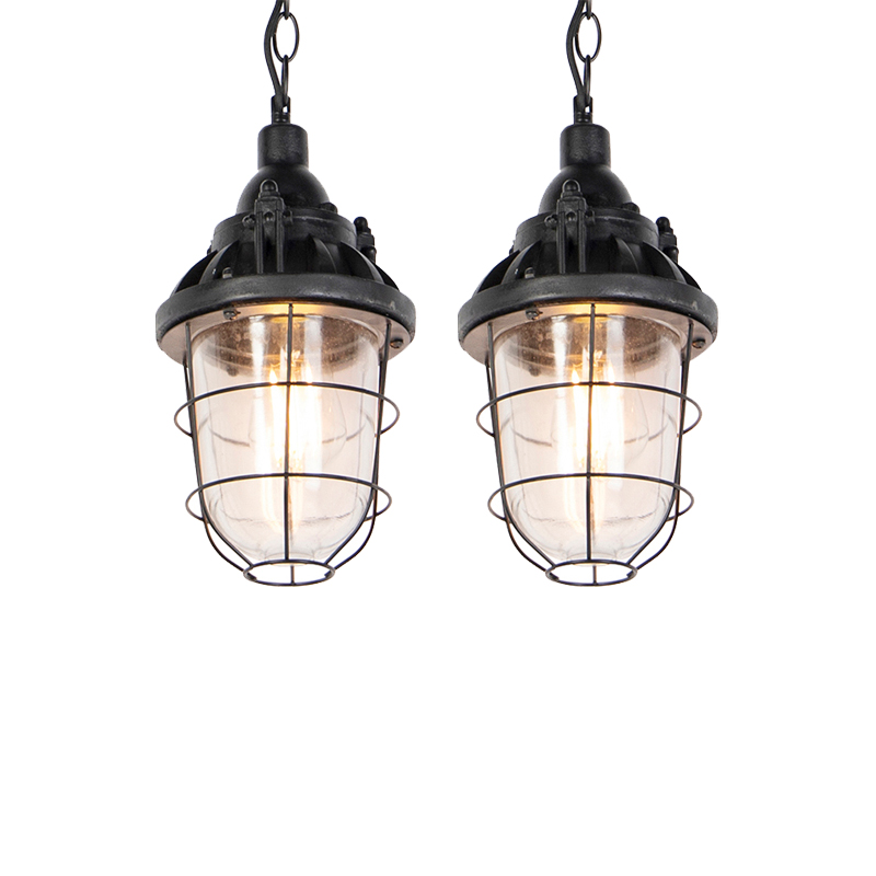 QAZQA Set van 2 industriële hanglampen - Cabin - Zwart