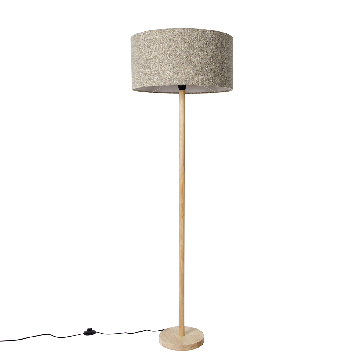 QAZQA Landelijke vloerlamp hout met boucle kap taupe - Mels